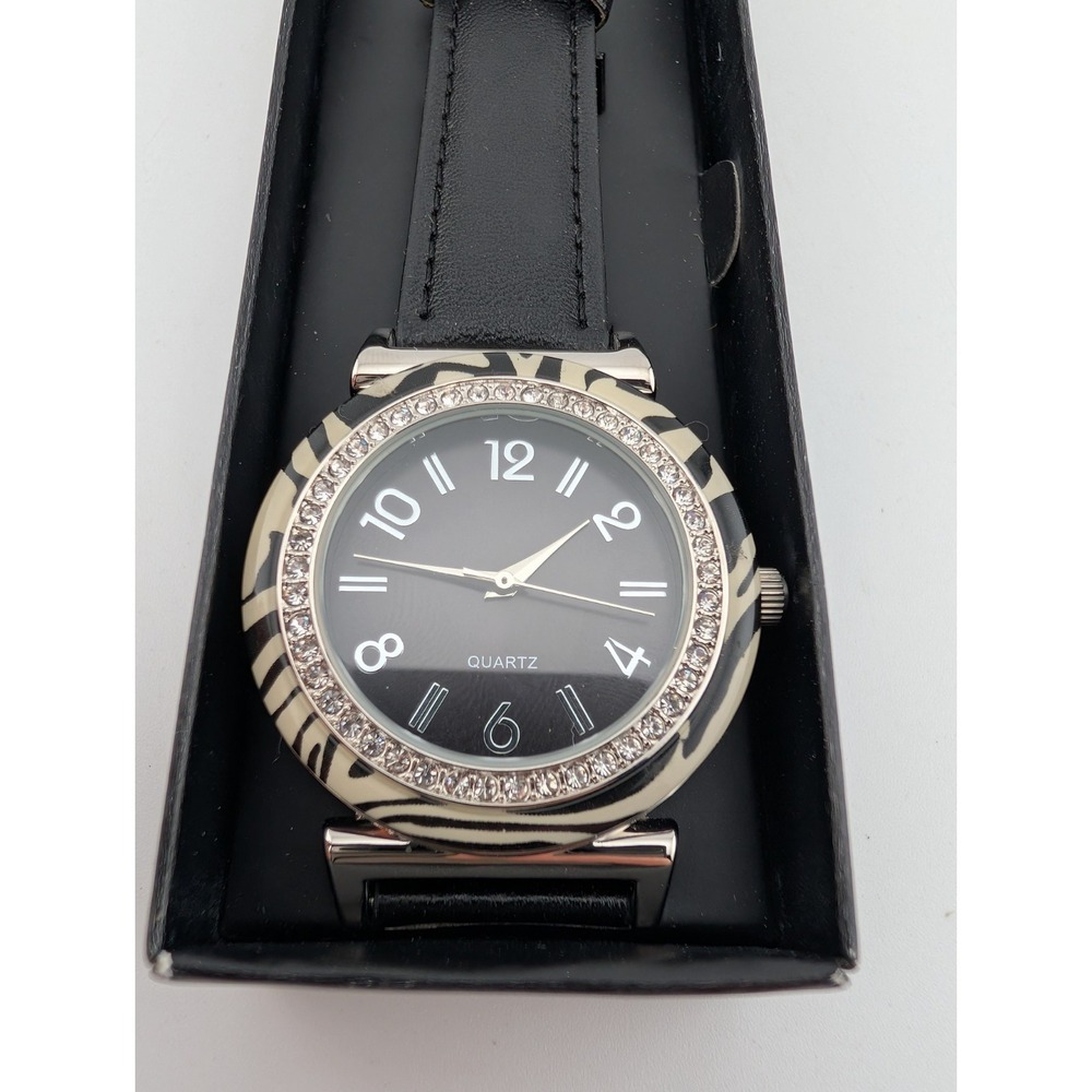 Avon 2015 Animal Print Bezel Watch Black Zebra‎ Leather Band w/ Box- New Battery